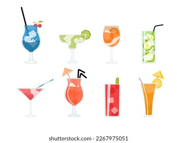 Vector image of cocktails for the club isolated on a white background, bloody mary cocktail, mojito, blue lagoon and others