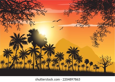 Vector image of a coconut grove in the evening.