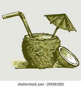 Vector image of a coconut with a straw and an umbrella