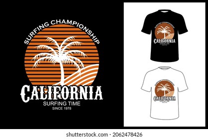 Vector image of a coconut tree and the words "CALIFORNIA SURFING CHAMPIONSHIP".
This image can be used for t-shirts or other graphic purposes.