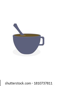 Imagen vectorial de una taza de café con una cuchara. Beber café en una taza con una cuchara. Plantilla con lugar para el texto. Publicidad en pantalla de un café. Menú de bebidas. Dinnerware. Imagen de fondo. Vector.