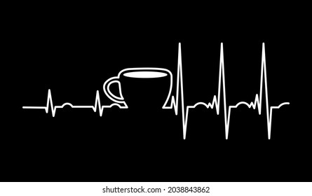 Vector image. Coffee raises your heart rate. black and white style. print for a t-shirt. flat image. a cup of coffee. pulse. EPS10