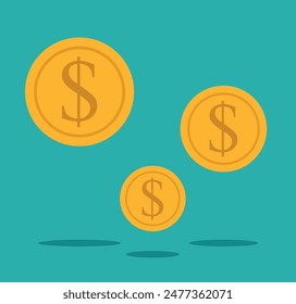 Vector image of coins with dollar symbol. The graphic contains three gold icons. Flat design style.