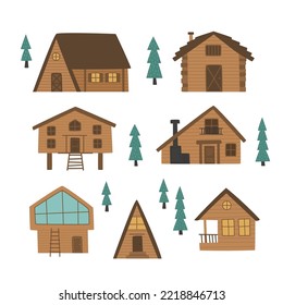 Vector Image Of A Collection Of Cabin Houses, Wooden Buildings, Glamping, Resort Concept