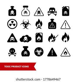 Vector image. Collection of dangerous product icons. Image of toxic product, danger, warning.