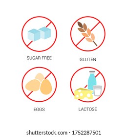 Vector image. Collection of different allergens. Picture of sugar free, gluten free, lactose free and egg free food.