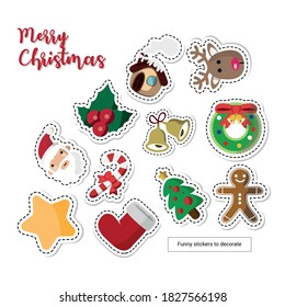 Vector image. Collection of different Christmas stickers. Fun drawings to decorate.