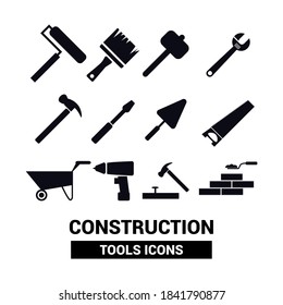 Vector image. Collection of different construction tools. Black solid icons.