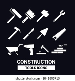 Vector image. Collection of different construction tools. Black solid icons.