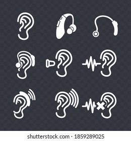 Vector image. Collection of different ears icons. Image of ear care.