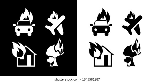 Vector image. Collection of different fire icons. Home, airplane,  forest fire, and car fire.