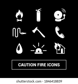 Vector image. Collection of different fire icons. Home, airplane,  forest fire, and car fire.