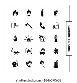 Vector image. Collection of different fire icons. Home, airplane,  forest fire, and car fire.