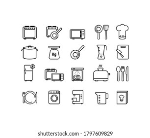 Vector image. Collection of different icons of electronic appliances and kitchen objects. Line icons.