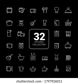 Imagen vectorial. Colección de diferentes íconos de electrodomésticos y objetos de cocina. 32 iconos de línea.