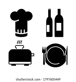 Vector image. Collection of different kitchen icons. Image of a chef's hat, a toaster, a plate and bottles.