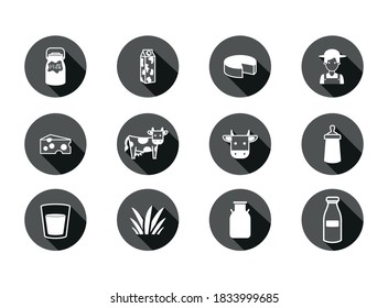 Vector image. Collection of different milk icon. Image of a cow, milk bottle, baby bottle, grass, etc.