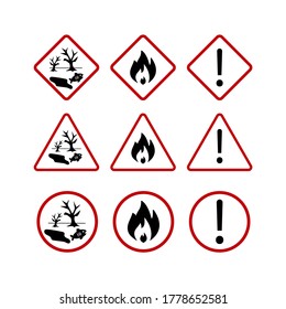 Vector image. Collection of different pictograms. Image of contamination danger, warning and flammable product.