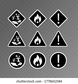 Vektorbild. Sammlung verschiedener Piktogramme. Bild von Kontaminationsgefahr, Warnhinweis und brennbarem Produkt.
