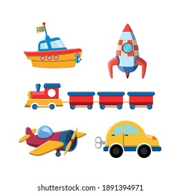 Vector image. Collection of drawings of toys for children. Transport toys. A rocket, a car, an airplane, a train and a toy boat.