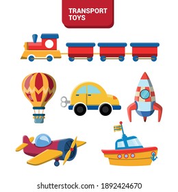 Vector Image. Collection Of Drawings Of Toys For Children. Transport Toys. A Rocket, Air Balloon, A Car, An Airplane, A Train And A Toy Boat.