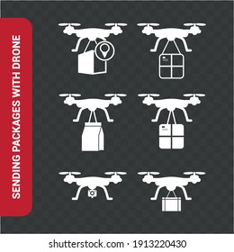 Vector image. Collection of drone icons with delivery packages.