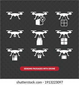 Vector image. Collection of drone icons with delivery packages.