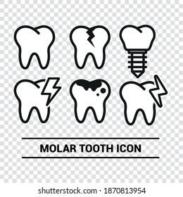 Vector image. Collection of grinding wheels icons. Image of cavities, molar implant and toothache.