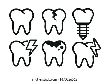 Vector image. Collection of grinding wheels icons. Image of cavities, molar implant and toothache.