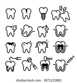 Vector image. Collection of grinding wheels icons. Image of cavities, molar implant and toothache.