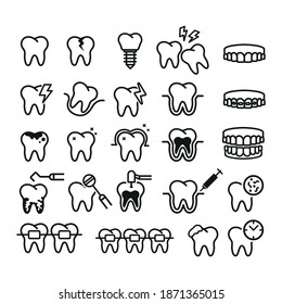 Vector image. Collection of grinding wheels icons. Image of cavities, molar implant and toothache.