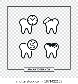 Imagen vectorial. Colección de iconos de las ruedas molidas. Imagen de cavidades, implante molar y dolor de muelas.