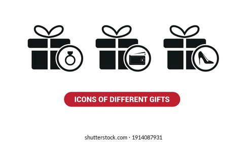 Vector image. Collection of icons of different gifts. Gift of jewels, a wallet and shoes.