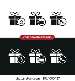 Vector image. Collection of icons of different gifts. Gift of jewels, a wallet and shoes.