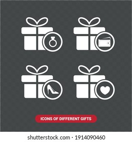 Vector image. Collection of icons of different gifts. Gift of jewels, a wallet and shoes.