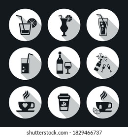 Vector image. Collection of nice buttons of different drinks.