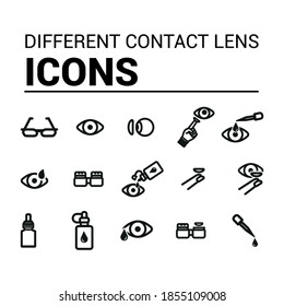Imagen vectorial. Colección de íconos oftalmológicos y lentes de contacto.