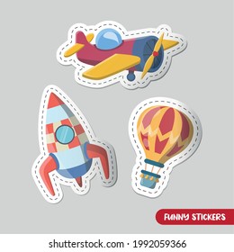 Vector image. Collection of stickers for kids. Transport of toys. A rocket, a hot air balloon, an airplane.