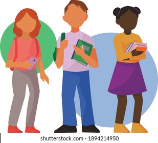 Vector image of college or school students with books and backpacks