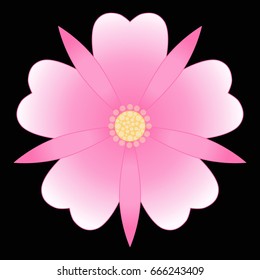 Vector image of a color rose, wild rose hips with five petals. Isolated image on a black background.