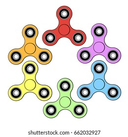 Vector image of color spins. Seth of six figures. Red, yellow, orange, green, blue and purple objects. Isolated pattern on a white background.