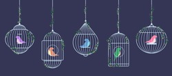 Vector Image Of Colored Birds Of Prisoners In Cages. Silver Birdcages Are Suspended On Chains Braided With Ivy.