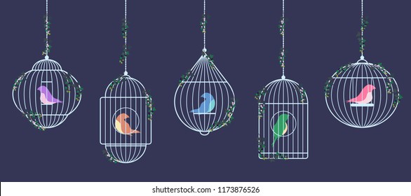 Vector image of colored birds of prisoners in cages. Silver birdcages are suspended on chains braided with ivy.