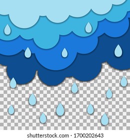 Vector image of colored clouds and raindrops on a transparent background, in the style of cut paper 3D. EPS10.