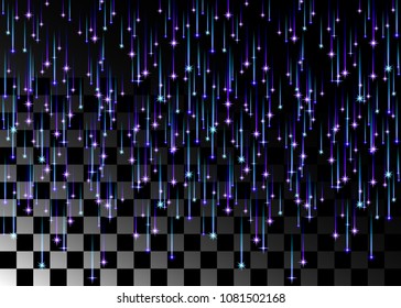 Vector image of colorful blue and purple glow of falling and flying stars, beautiful autumn. Illustration for scene decorations glittering night of celebration, a transparent background in isolation.