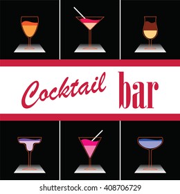 Vector image with colorful cocktail glasses on black square backgrounds with sign