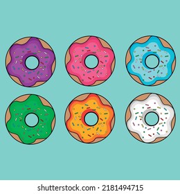 Imagen vectorial de donuts coloridos sobre un fondo azul claro