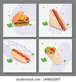 Vector image of colorful fast food dishes. Four posters that can be used as covers, posters and more.