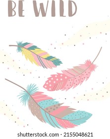 Vector image of colorful feathers in boho style with beads. Inscription Be Wild. Hand-drawn illustration by national American motifs for baby, cards, flyers, posters, prints, holiday, birthday, child