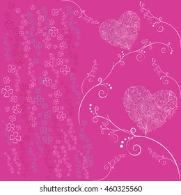 Vector image with colorful flowers and white hearts on purple background